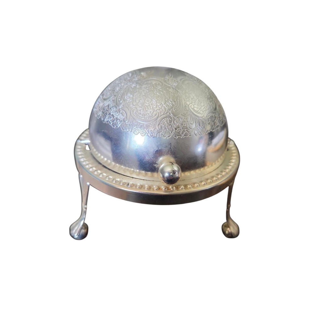 Vintage English Silver Plated Roll Top Butter Dish Caviar Revolving Dome 5" - Picture 2 of 10